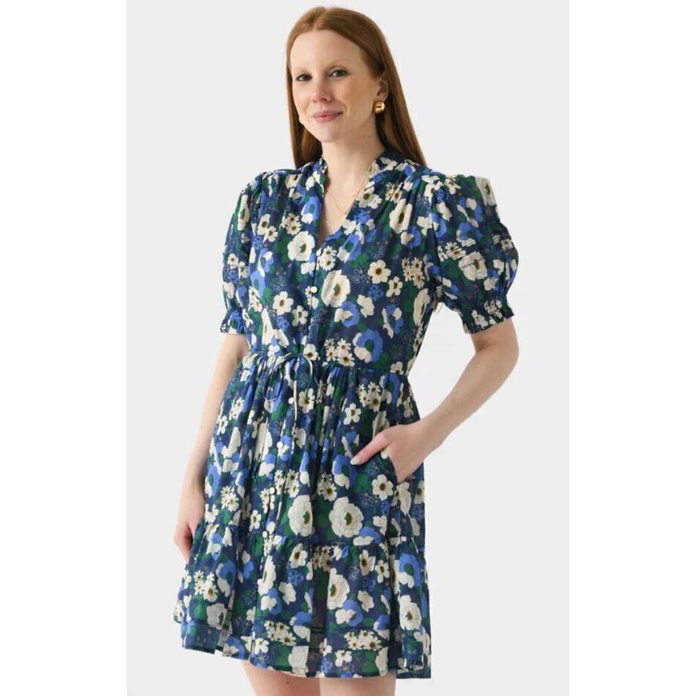 Trovata Blue Floral Mini Dress with White & Green Accents